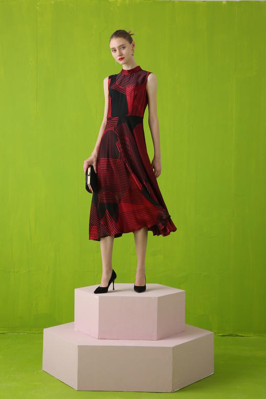 【伯妮斯茵】3S4643几何印花曙红色连衣裙《优雅妩媚系列》-【木兰花开--离骚】 商品图4