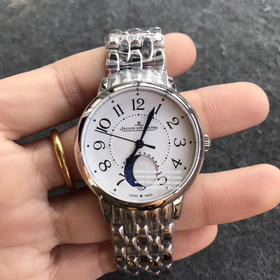 2017日内瓦表展新款积家约会系列大月相女士腕表，34x11mm，西铁城9015改cal.935A自动机械机芯，316精钢表壳，蓝宝石镜面，钢带或皮带可选，折叠扣，防水30米