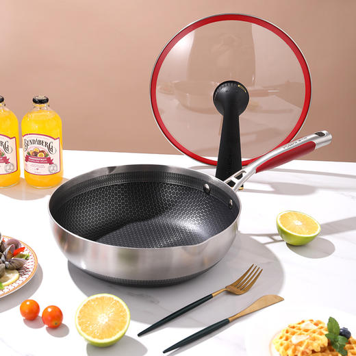 康巴赫第五代煎锅小资锅不粘锅316L不锈钢烛刻双面蜂窝平底炒菜锅少油烟新款5代电磁炉燃气灶通用炒煎锅 商品图6