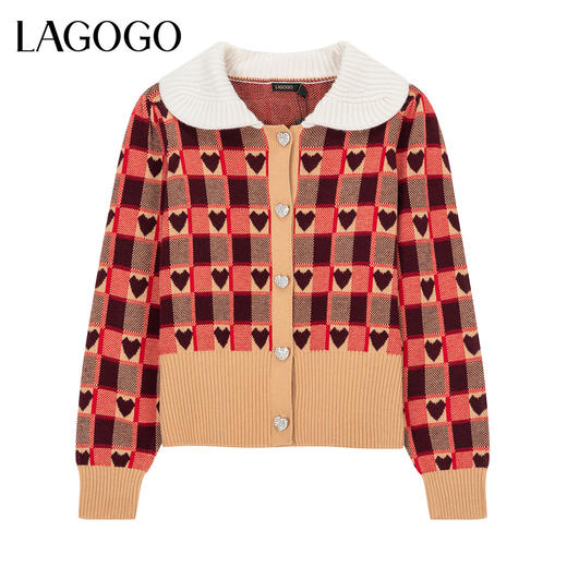 Lagogo拉谷谷2022年春季新款娃娃领泡泡袖针织衫女开衫甜美学院风LAMM401A35 商品图0