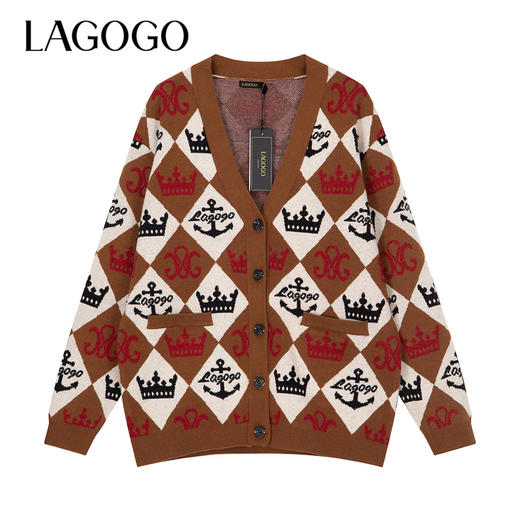 Lagogo拉谷谷2022春新款V领针织衫女复古宽松开衫毛衣外套慵懒风LAMM871A37 商品图0