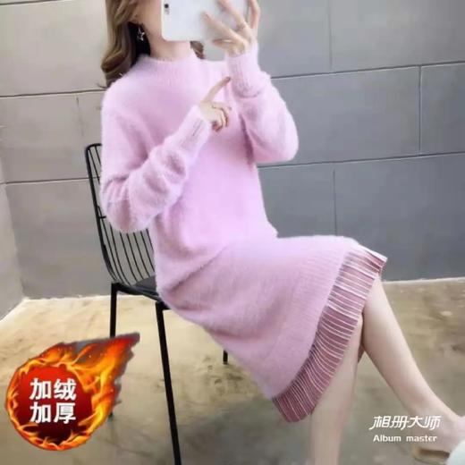 GO9P 中长款仿水貂绒毛衣冬新款打底衫加厚针织蕾丝毛衣裙 商品图0