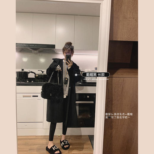 金蘑菇菇【黑标戴帽羊绒】咸菜绿 短款  戴帽休闲风双面呢大衣 商品图4