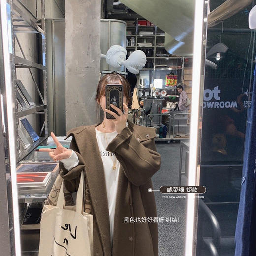 金蘑菇菇【黑标戴帽羊绒】咸菜绿 短款  戴帽休闲风双面呢大衣 商品图1