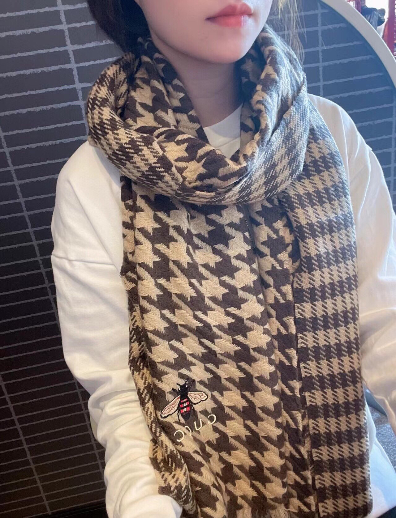 秋冬特惠90350 gucci 古驰 大g家秋冬新品千鸟格羊绒围巾