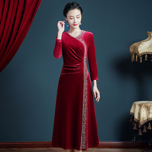 上海旗袍厂JC-62304改良旗袍女婚礼妈妈礼服高贵婚宴装金丝绒加厚连衣裙 商品图1