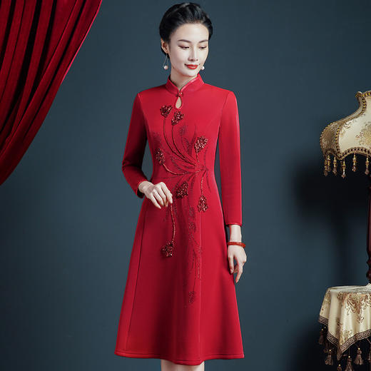 上海旗袍厂JC-62306参加婚礼服秋冬高贵改良旗袍加厚连衣裙 商品图2