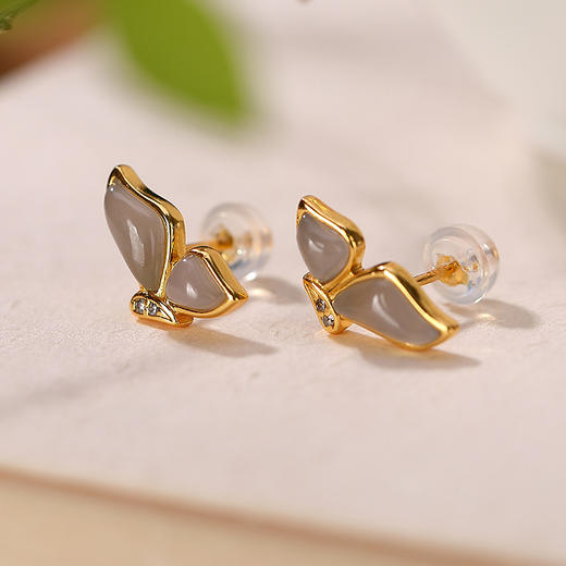 S925纯银镀金和田烟紫玉蝴蝶耳钉  CW 商品图2