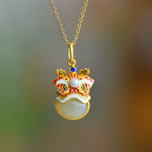 【七夕送礼 中国风醒狮吊坠】新年复古中国风珐琅彩醒狮项链2022年新款女仿天然和田玉吊坠女 商品图0