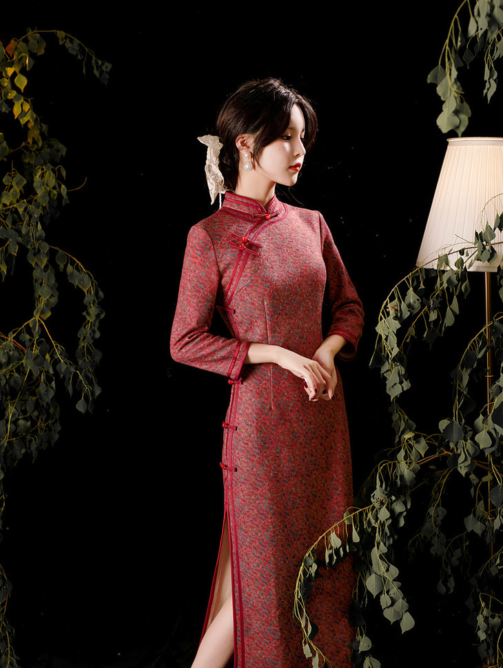 xl- 609 2021年秋冬新款旗袍长袖长款婚庆礼服复古优雅端正立领斜襟