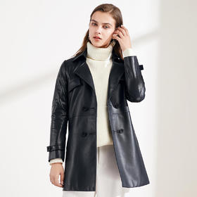 XB021419 雪豹高街风时尚无涂层绵羊皮真皮皮衣女士风衣