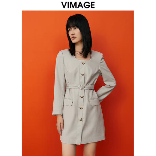 VIMAGE纬漫纪春款新品时尚通勤复古干练收腰连衣裙V1707307 商品图4
