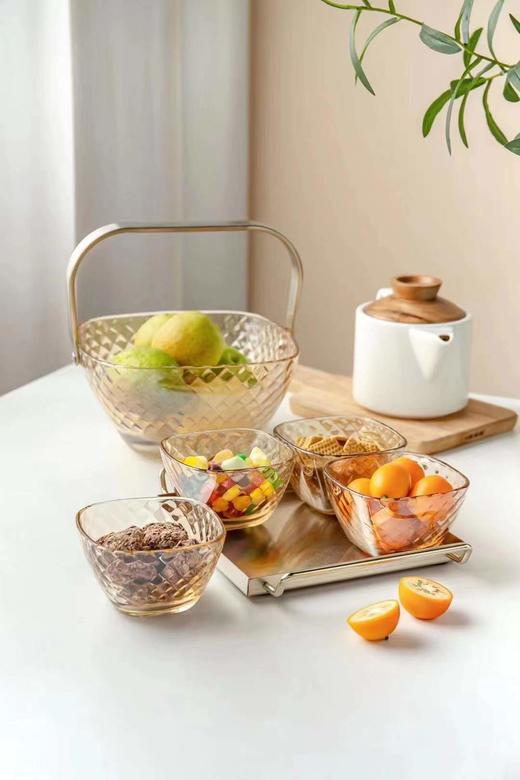 思依果盘一大四小不锈钢套装分格水果盘轻奢风小精致玻璃客厅家用北欧创意干果坚果零食小吃碟 商品图2