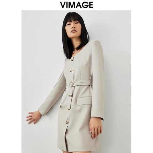 VIMAGE纬漫纪春款新品时尚通勤复古干练收腰连衣裙V1707307 商品图0