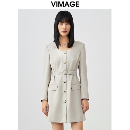 VIMAGE纬漫纪春款新品时尚通勤复古干练收腰连衣裙V1707307 商品图5