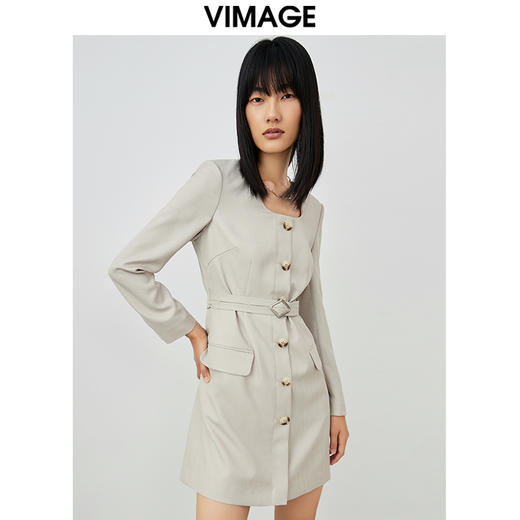 VIMAGE纬漫纪春款新品时尚通勤复古干练收腰连衣裙V1707307 商品图1