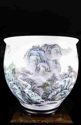 曹细毛：重工釉上彩山水＜溪山烟雲＞书画缸