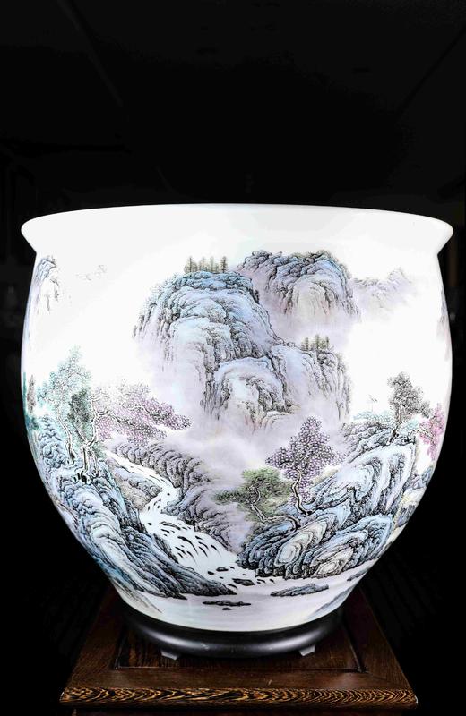 曹细毛：重工釉上彩山水＜溪山烟雲＞书画缸 商品图0