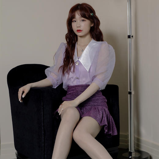 特价秒杀 Ann teano欧根纱泡泡袖尖领衬衣(含内搭) 紫色.潮快闪[福利品] 商品图3