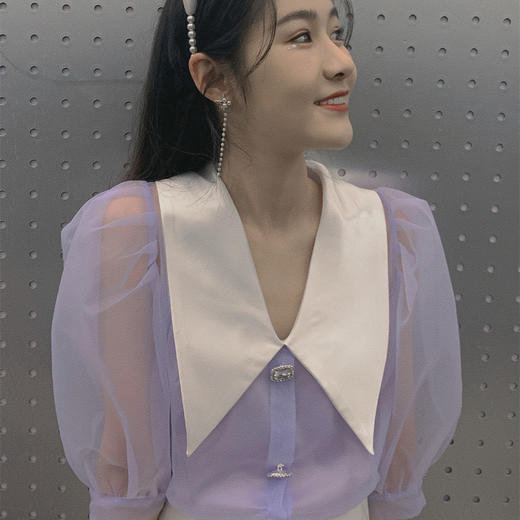 特价秒杀 Ann teano欧根纱泡泡袖尖领衬衣(含内搭) 紫色.潮快闪[福利品] 商品图4