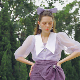 特价秒杀 Ann teano欧根纱泡泡袖尖领衬衣(含内搭) 紫色.潮快闪[福利品]