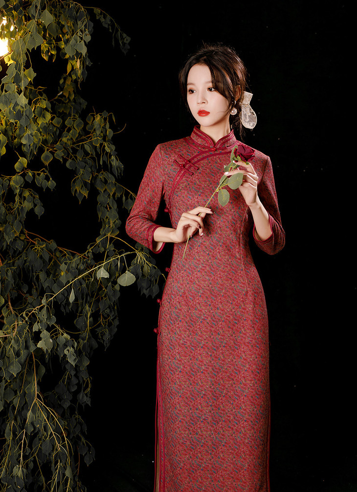 xl- 609 2021年秋冬新款旗袍长袖长款婚庆礼服复古优雅端正立领斜襟