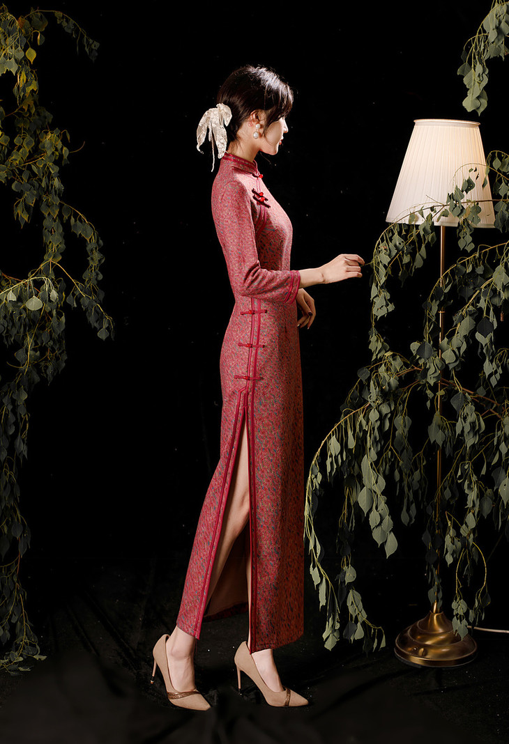 xl- 609 2021年秋冬新款旗袍长袖长款婚庆礼服复古优雅端正立领斜襟