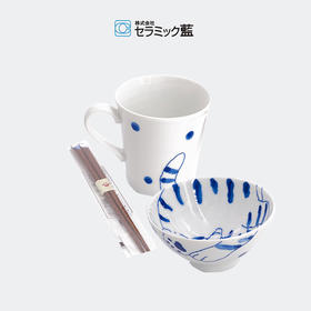 日本原产ceramic 蓝杯碗筷礼盒套装三件套亲密猫系列