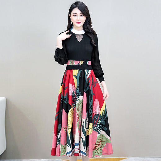 YWE H88131印花连衣裙修身长袖气质高贵阔太太 商品图3