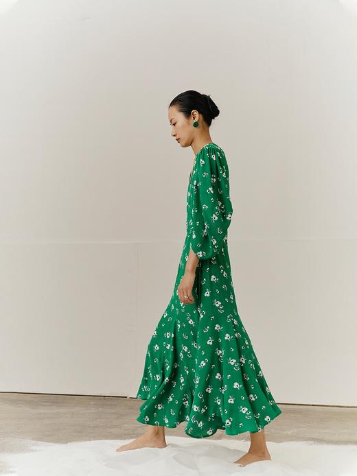 HeyDress法式复古碎花裹身裙女绿色印花中长款泡泡袖连衣裙子 商品图1