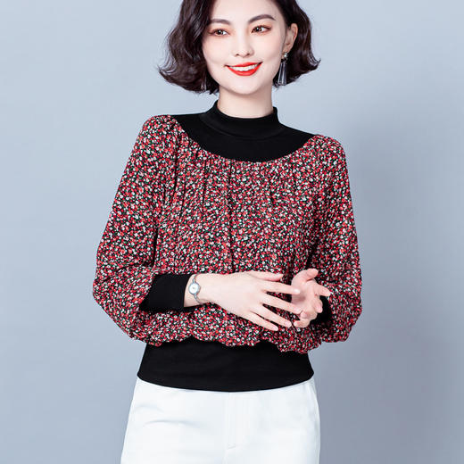 NY 65226时尚洋气半高领拼接宽松遮肉显瘦碎花上衣 商品图2