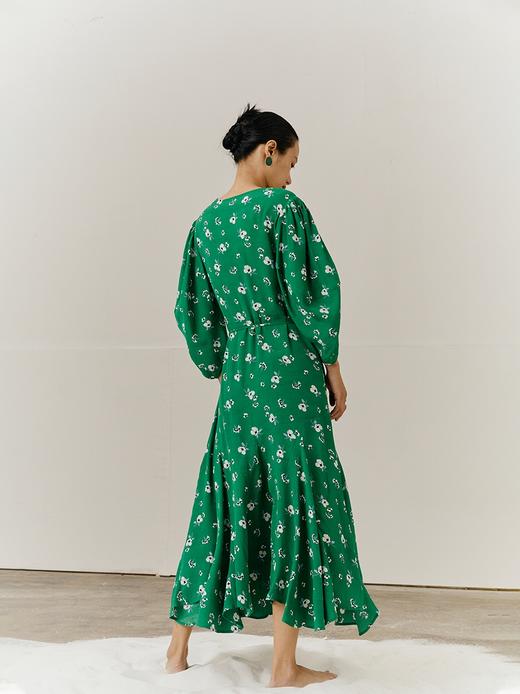 HeyDress法式复古碎花裹身裙女绿色印花中长款泡泡袖连衣裙子 商品图2