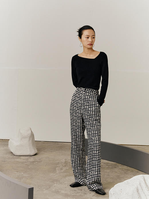 HeyDress格纹休闲裤女春秋高腰显瘦显高直筒裤宽松黑白格子裤子 商品图0