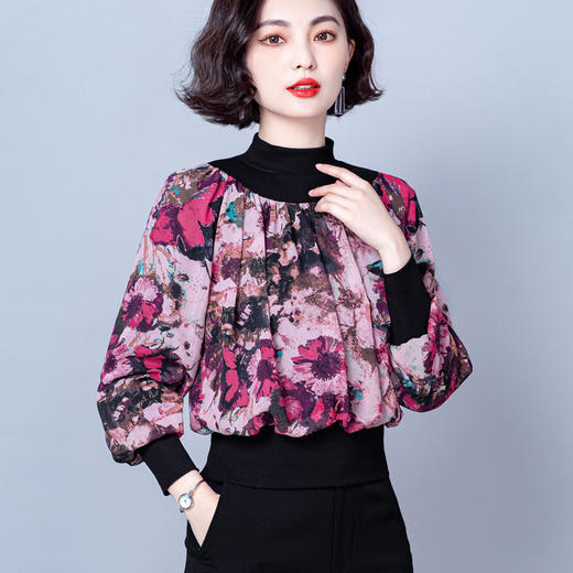 NY 65226时尚洋气半高领拼接宽松遮肉显瘦碎花上衣 商品图0