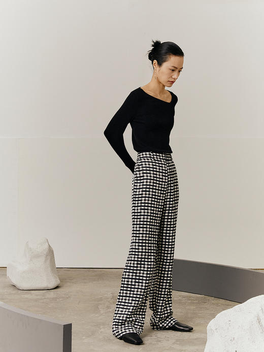 HeyDress格纹休闲裤女春秋高腰显瘦显高直筒裤宽松黑白格子裤子 商品图2