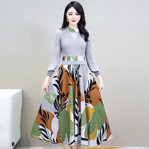 YWE H88131印花连衣裙修身长袖气质高贵阔太太 商品图2