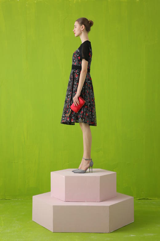 【伯妮斯茵】领袖半透网纱绣花短袖连衣裙 2S5187 商品图3