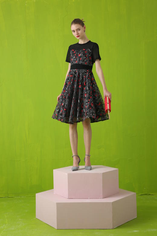 【伯妮斯茵】领袖半透网纱绣花短袖连衣裙 2S5187 商品图2