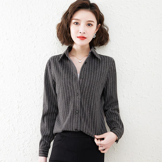 竖条纹磨毛衬衣女士加厚宽松长袖衬衫 QB-LL89030 商品图3