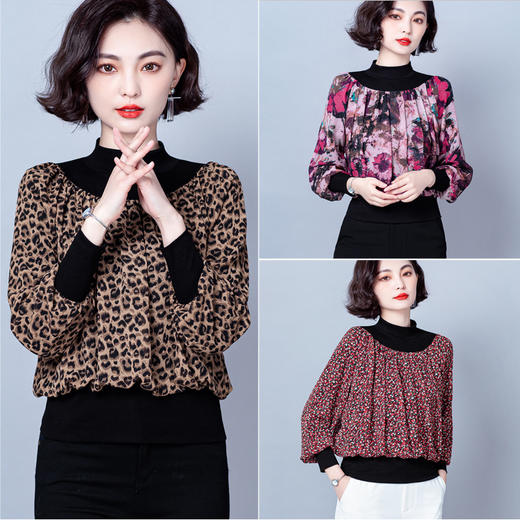 NY 65226时尚洋气半高领拼接宽松遮肉显瘦碎花上衣 商品图3