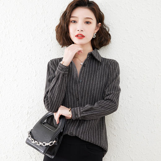 竖条纹磨毛衬衣女士加厚宽松长袖衬衫 QB-LL89030 商品图1
