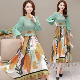 YWE H88131印花连衣裙修身长袖气质高贵阔太太