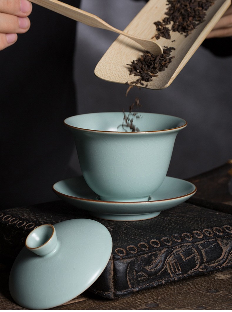 博俊龙泉青瓷粉青开片仿古盖碗110ml