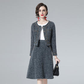 2022春季小香风灰轻奢毛绒短款外套A字半身裙两件套  BHS