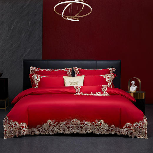 梦洁立体浮雕质感 长绒棉独幅定位蕾丝五件套 ：女王殿下（波尔多红） 商品图0