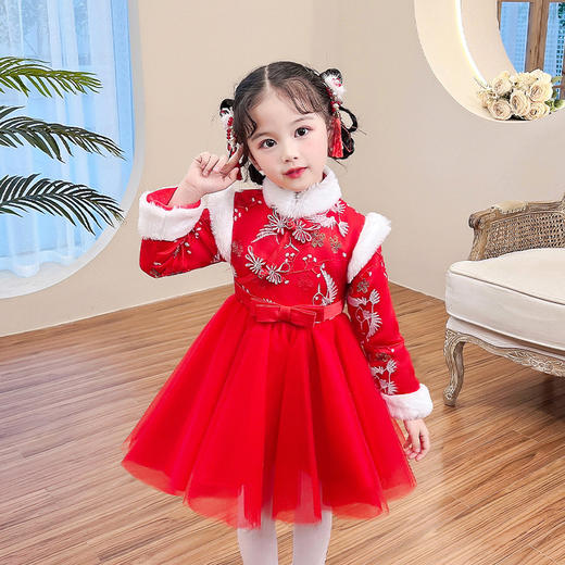 XWN8857-1 女童红色旗袍裙中国风刺绣古装拜年连衣裙儿童新年 商品图0