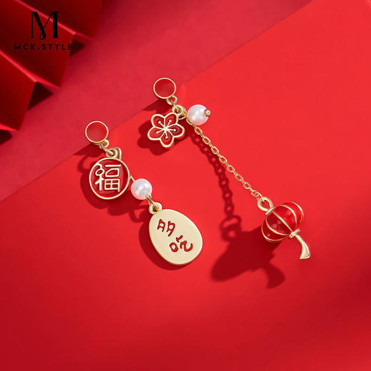 适合过年的耳环红色灯笼福字不对称耳钉小众设计感新年喜庆耳饰女 商品图5