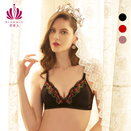 贝佳人新品性感三角杯复古法式花卉刺绣内衣无钢圈舒适薄杯文胸女BW91825 商品图0