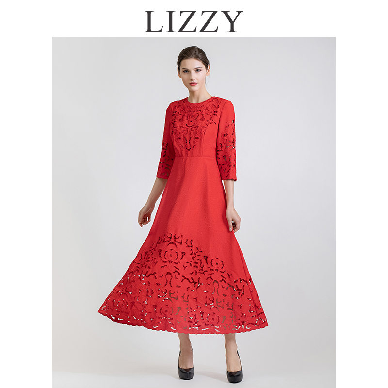 LIZZY优雅名媛风镂空刺绣新中式提花大摆长款礼服连衣裙6184