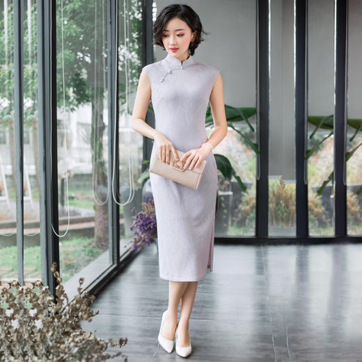 旗袍春秋女 中长款[逸红颜 紫翎]舒适弹力针织改良旗袍少清新淡雅 商品图3